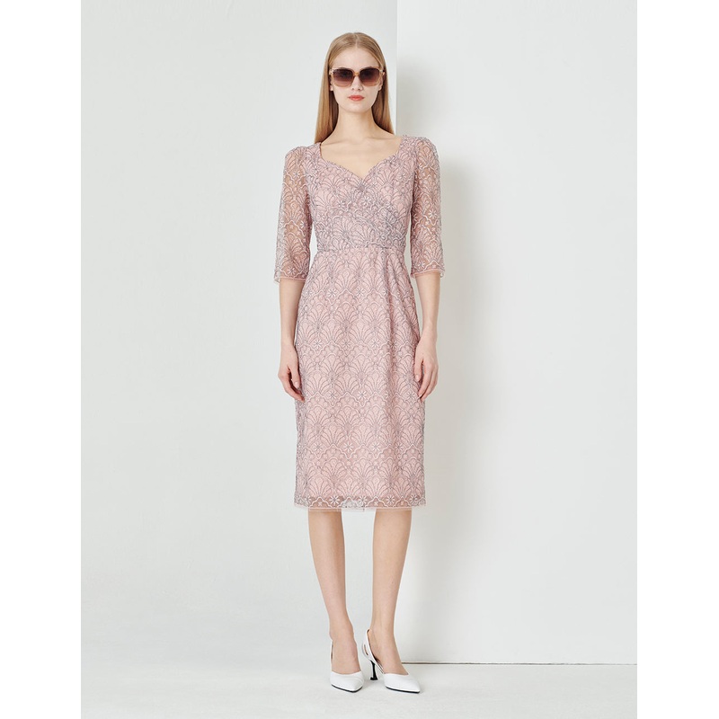 Pink Heart-Neck Waist Hip Up Lace Dress