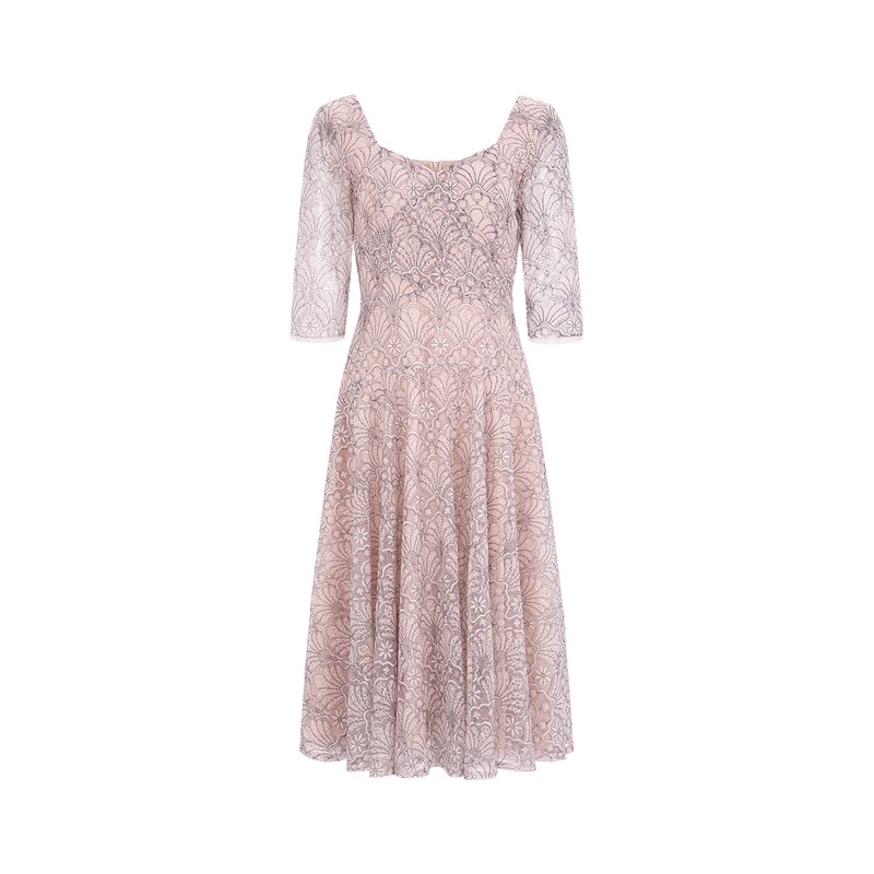 Pink Round-Neck Waist Lace Dress