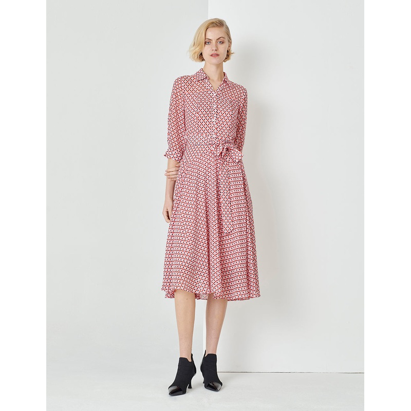 Pink Small Square V-Neck Shirt Print Dress