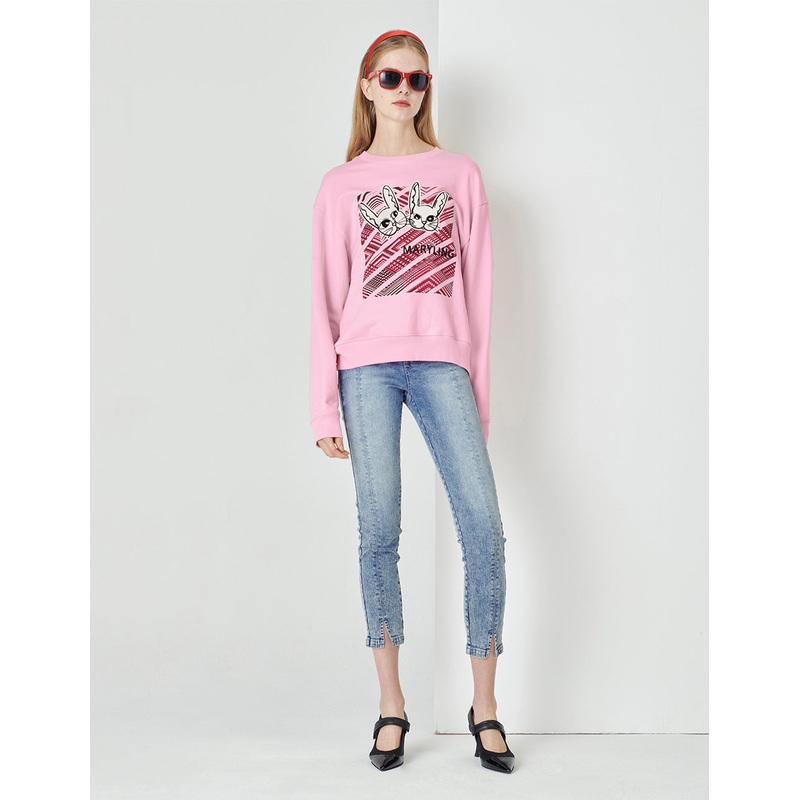 Pink Strawberry Bunny Round Neck Ladies Hoodie