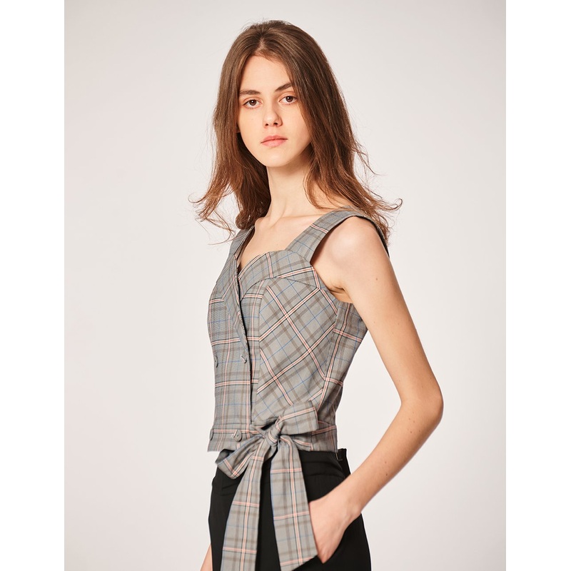 Plaid Pattern Sleeveless Sash Waist Top