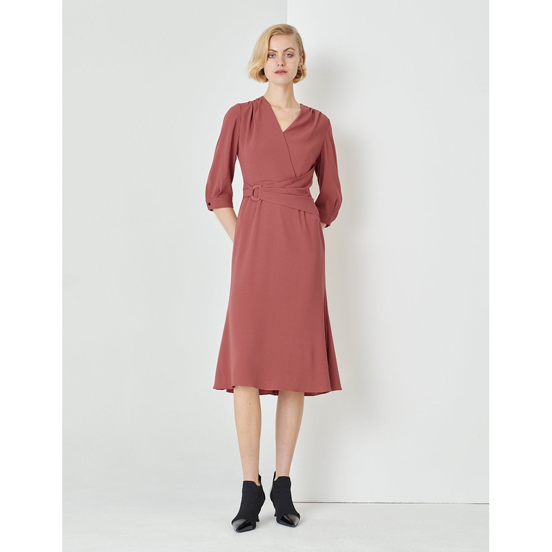 Red V-Neck Pleated Waist Knee Mermaid Dress