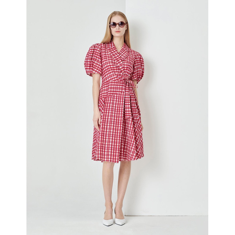Rose pink plaid suit collar puff sleeves plaid dress