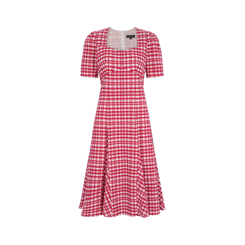 Rose Pink Square Neck Puff Sleeve Check Dress