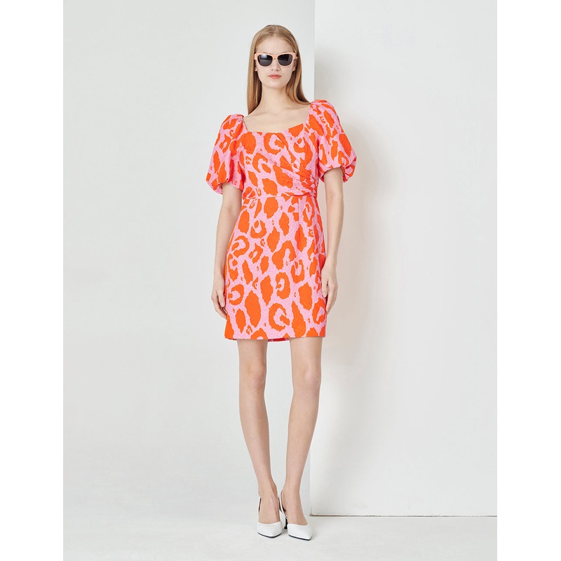 Square Neck Puff Sleeve Jacquard Dress