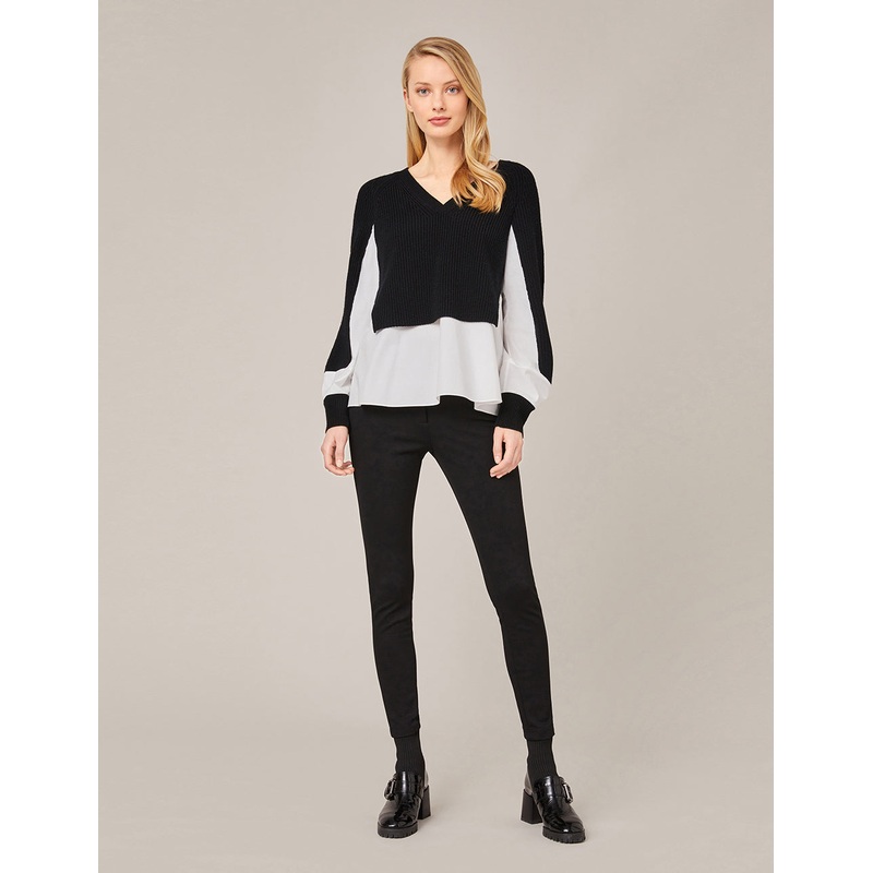 V-NECK KNIT SPLICED COTTON FLARED HEM TOP
