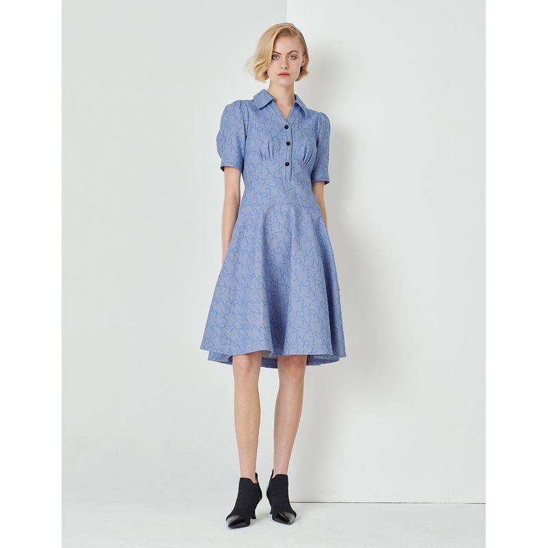V-Neck Puff Short-Sleeved High Waistline Blue Denim Shirt Dress