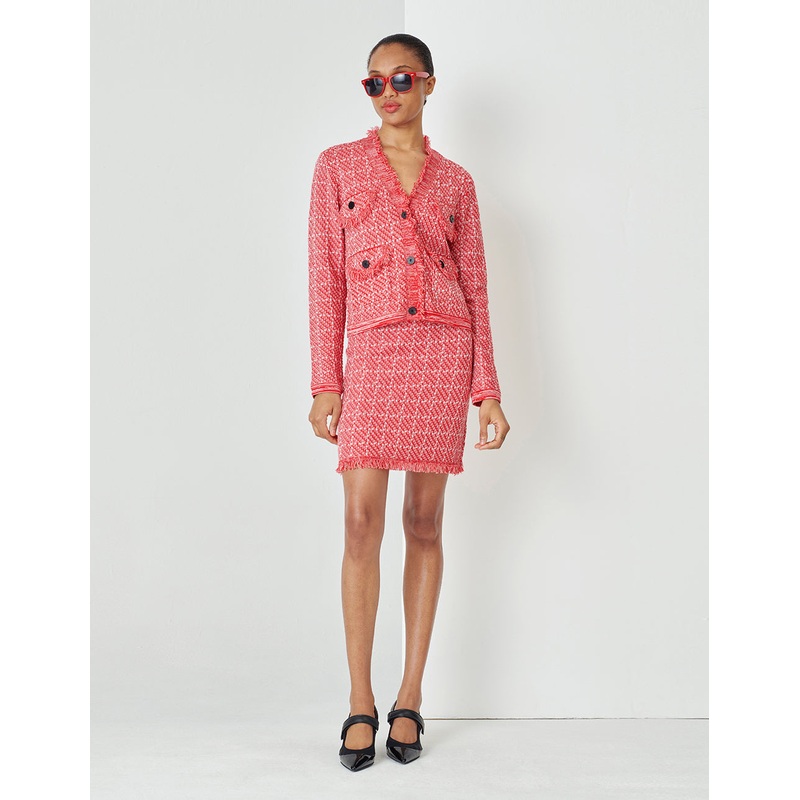 V-Neck Red And Pink Plaid Elegant Knitted Cardigan