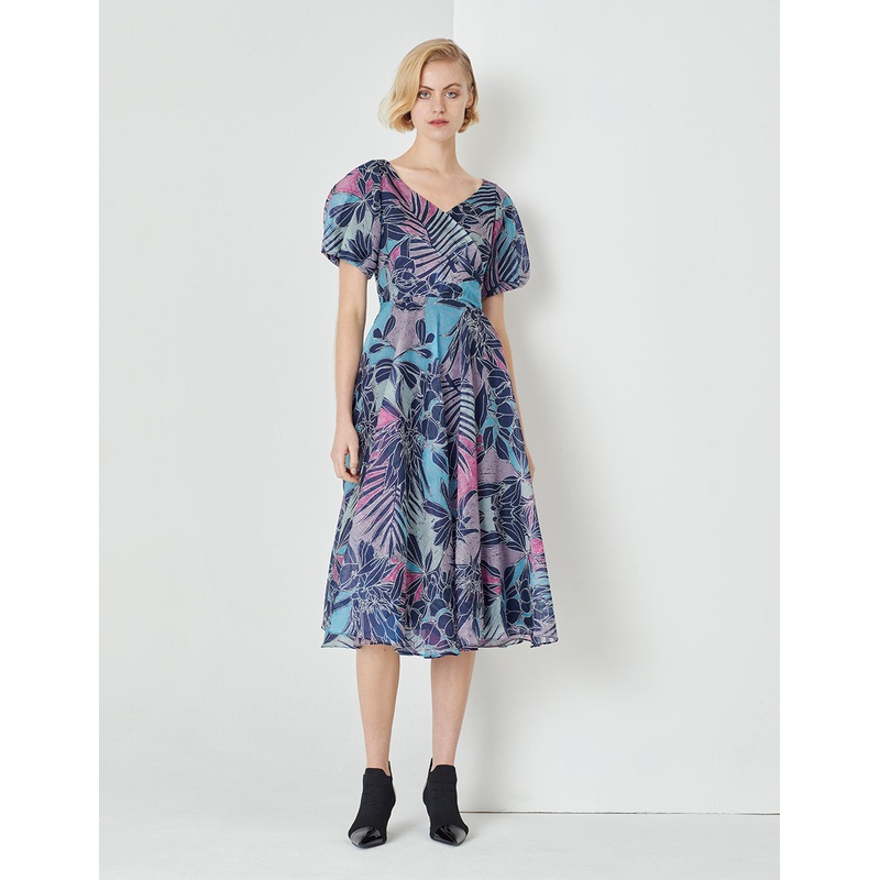 V-Neck Semi-Transparent Puff Sleeves Pleated Print Flower Dress