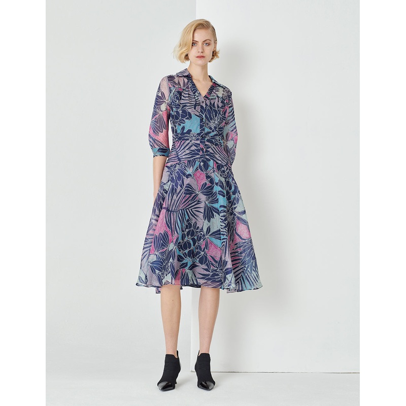 V-Neck Shirt-Style Organza Printed Dress