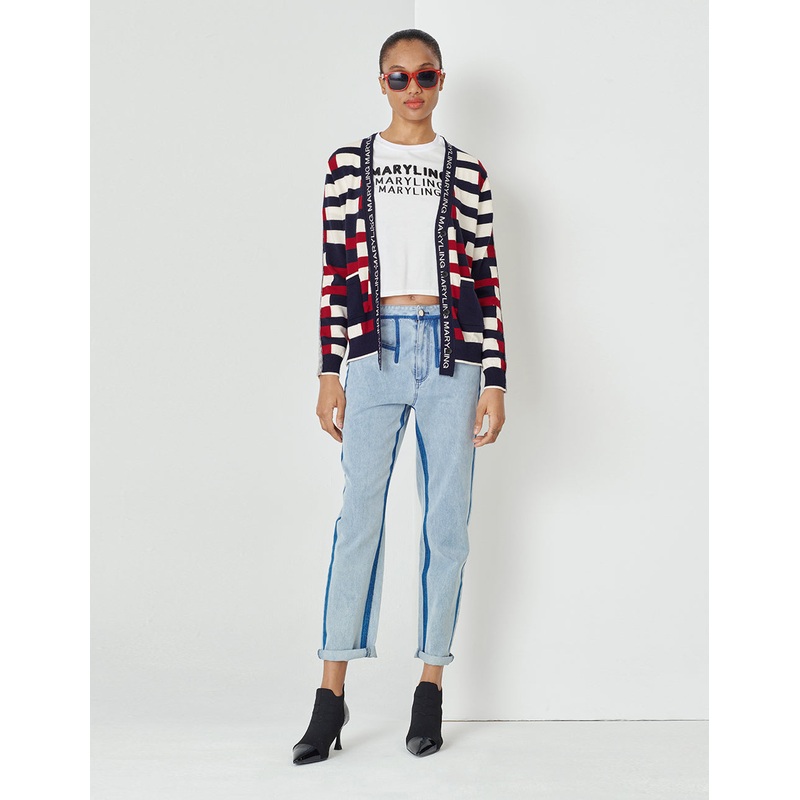 V-Neck Striped Jacquard With 2 Pockets Knitted Cardigan