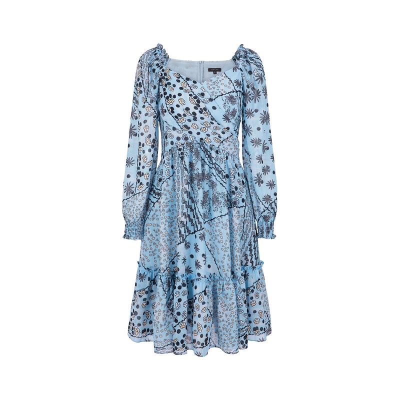 V-Neck Wood Ear Pleated Print Dress