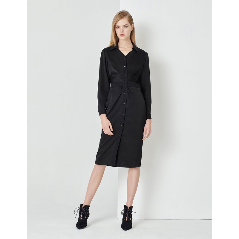 V-Neckline Slim Fit Waistline Ruched Black Shirt Dress