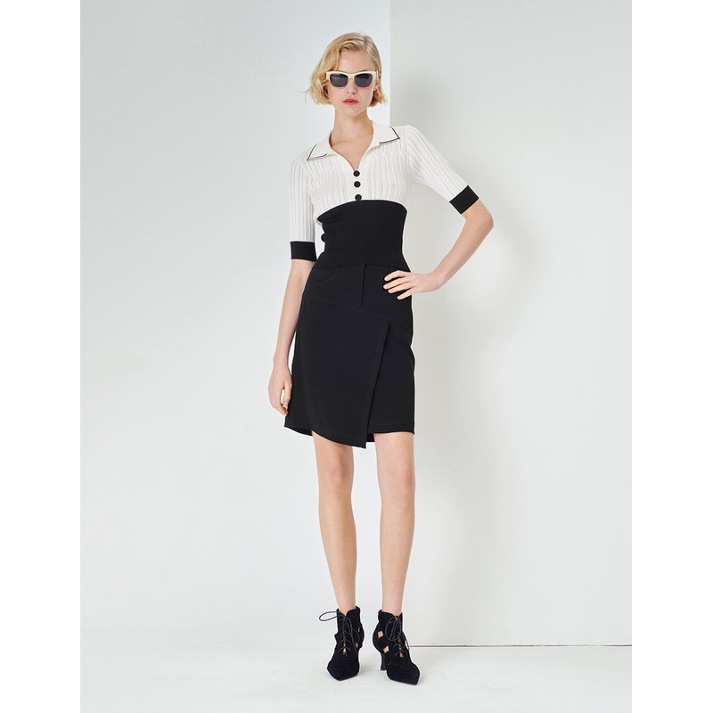 White Tee Collar Colour block Knit Sweater