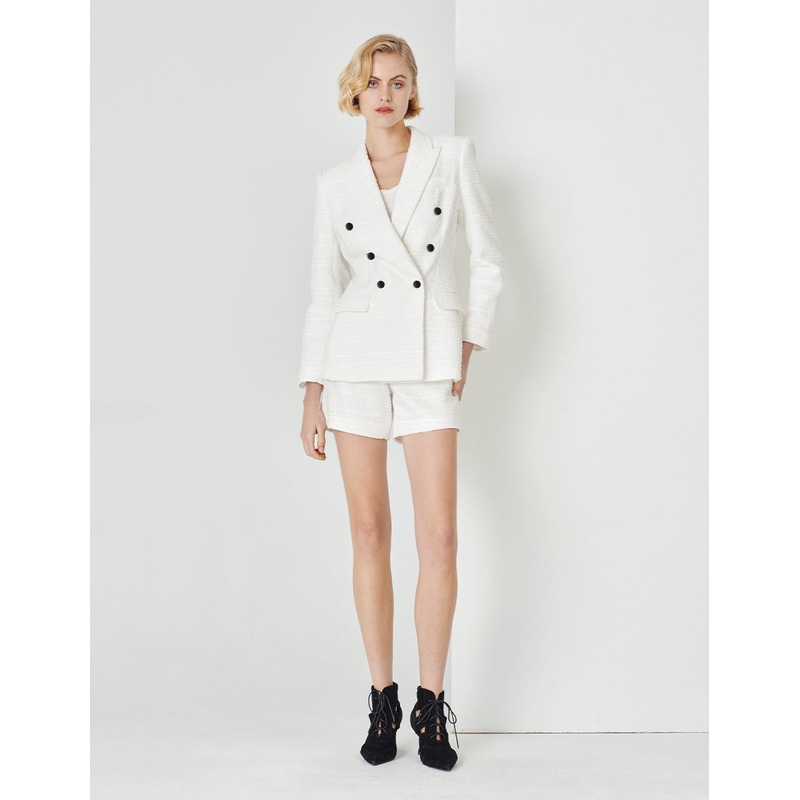 White Tweed With Two Black Buttons Shorts