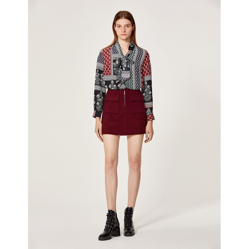 Wool Blend Zip Up Side Pocket A-Line Mini Skirt