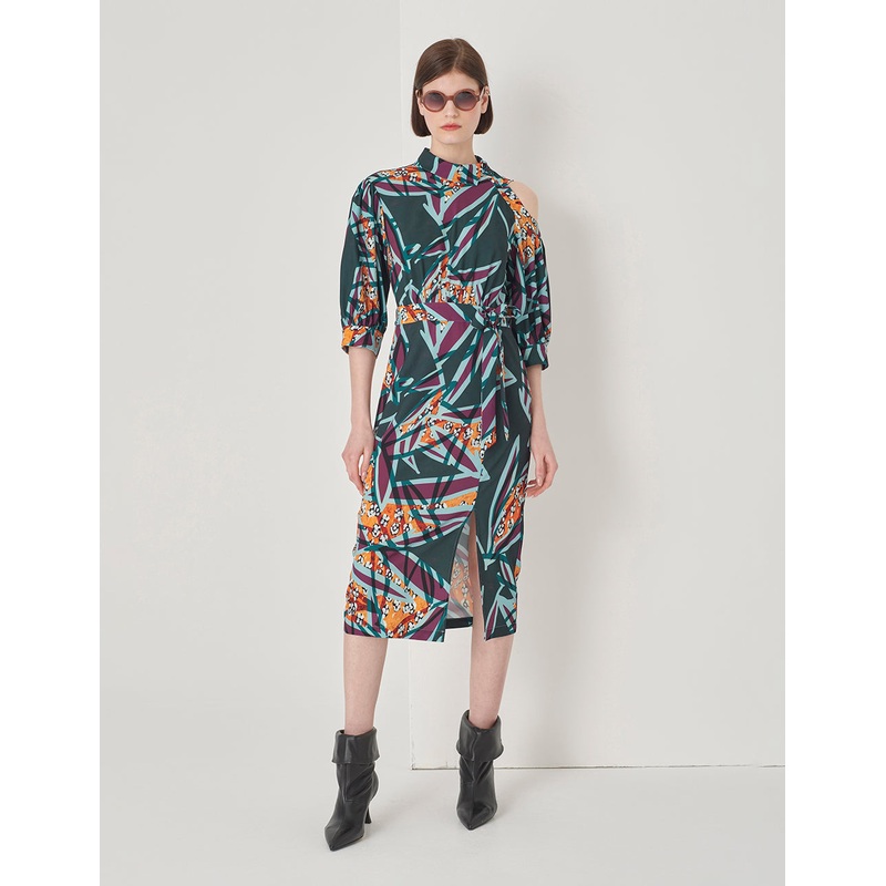 Asymmetric Collar Cover Hip Straight Print Dress
