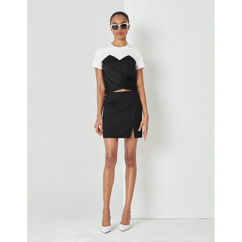 Black And White Contrast Crossover Detail Panel Crewneck T-Shirt Top