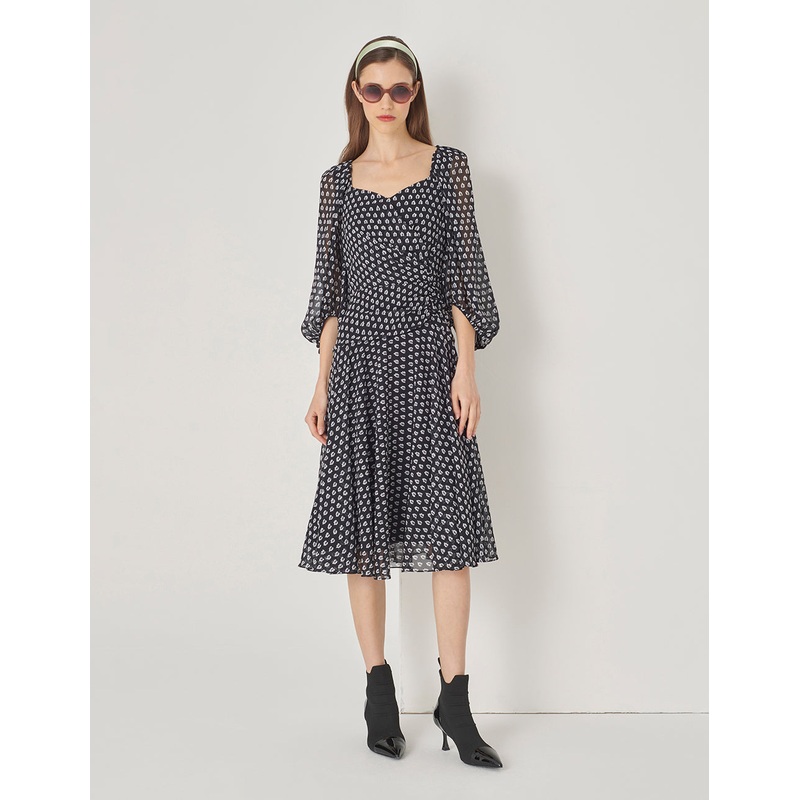 Black And White Forest V-Neck Pinched Puff Sleeve Dress