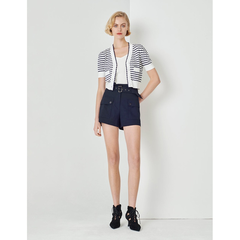 Black And White Striped V-Neck Knitted Cardigan