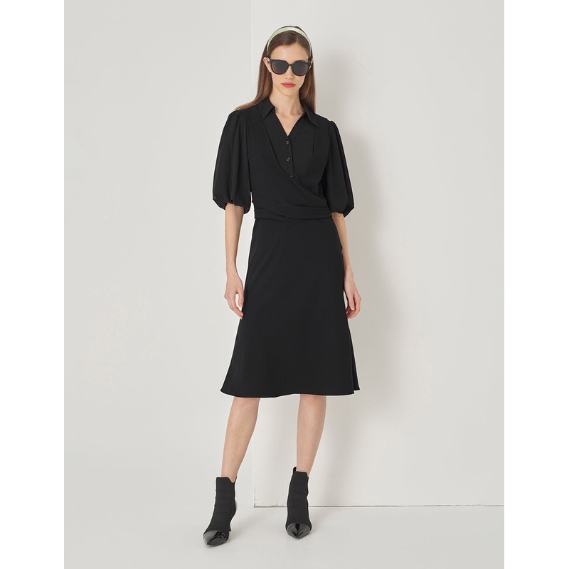 Black Fake Two-Piece Shirt V-Neck Puff Sleeve Dress