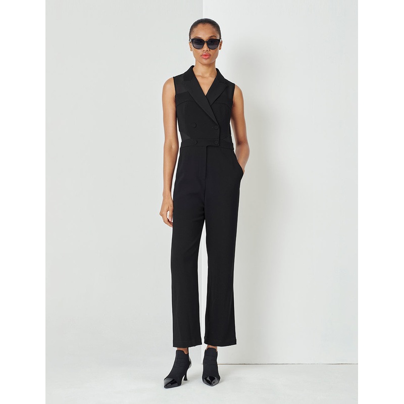 Black Point Collar Paneled Georgette Sleeveless Jumpsuit