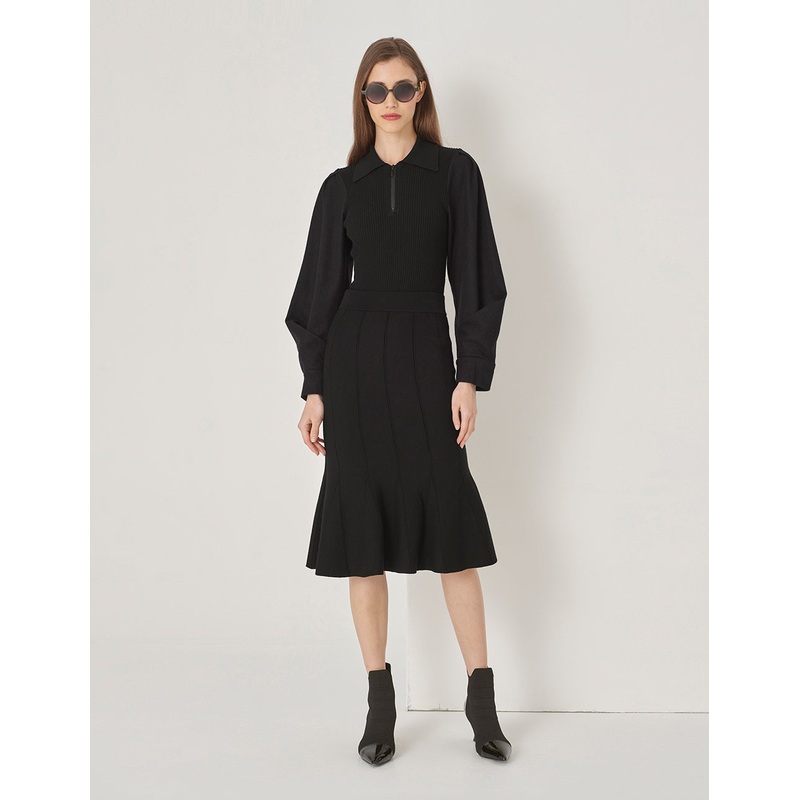 Black Polo Pleated Sleeve Knit With Woven Top