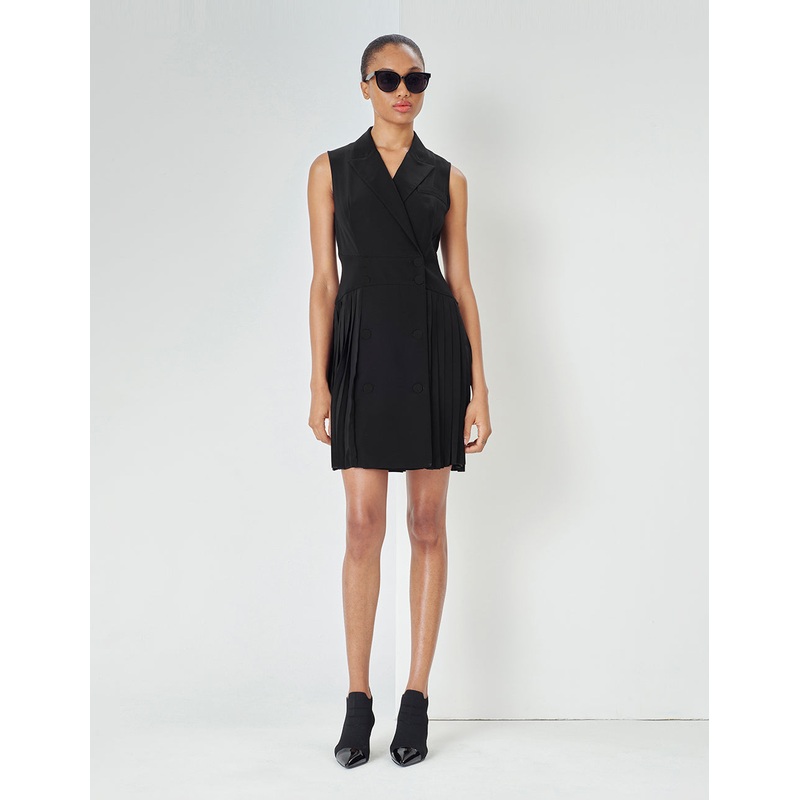 Black Sleeveless Blazer Collar Pleated Dress