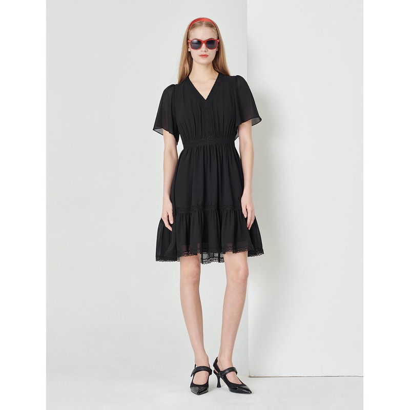 Black V-Neck Bell Sleeve Lace Trim Georgette Dress