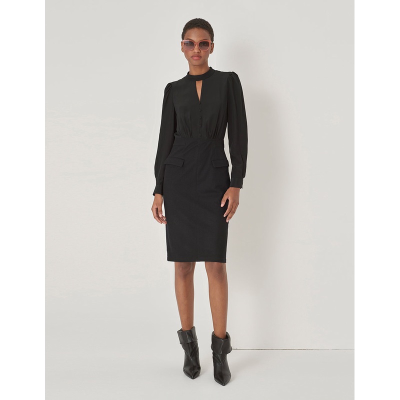 Black Wool Silk Panel Dress