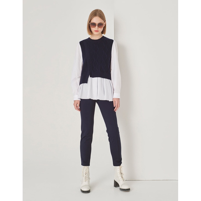 Blue And White Asymmetric Knit Woven Sweater
