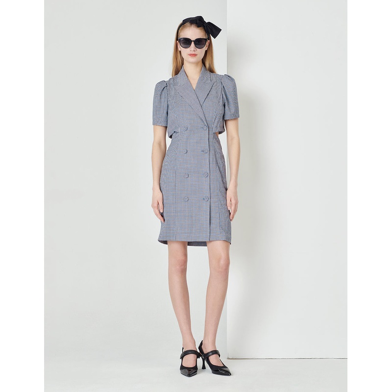 Blue And White Checkered Back Hollow Bell-Shaped Sleeve Suit Dress