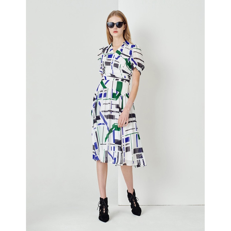 Blue And White Geometric Art Print V-Neck Dress
