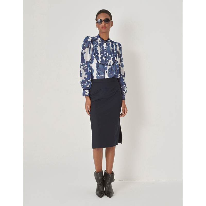 Blue And White Gravel Collar Stitching Lace Top