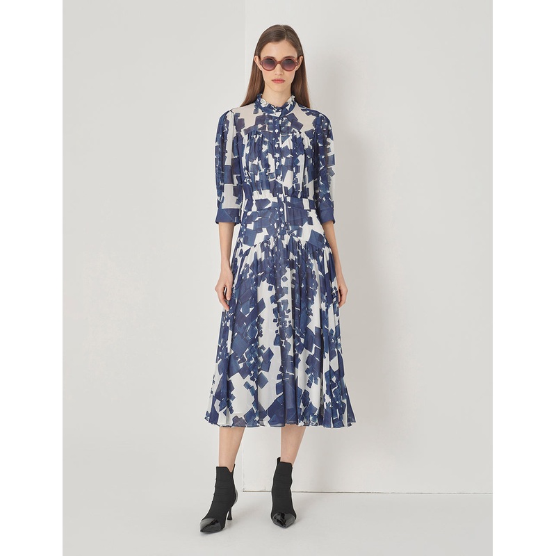 Blue And White Grit Georgette Long Sleeve Dress
