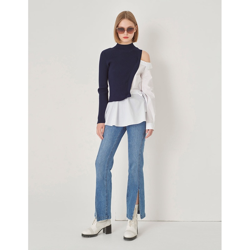 Blue And White Stitching Half-High Neck Needle Shuttle With Asymmetric Off-Shoulder Pullover