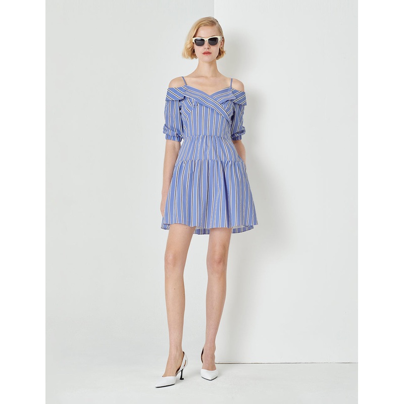 Blue And White Striped Off-Shoulder Lapel Detail Striped Dress