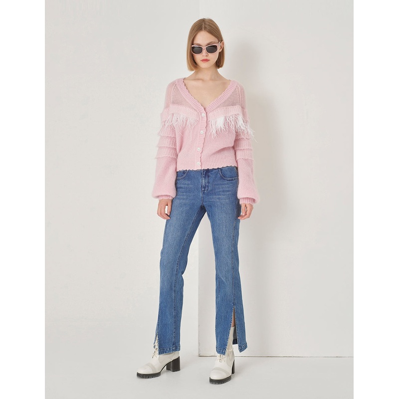 Blue Denim Bootcut Jeans With Slit Hem