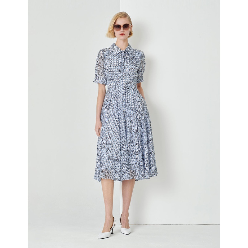 Blue Heart Print Tie Bow Shirt Dress