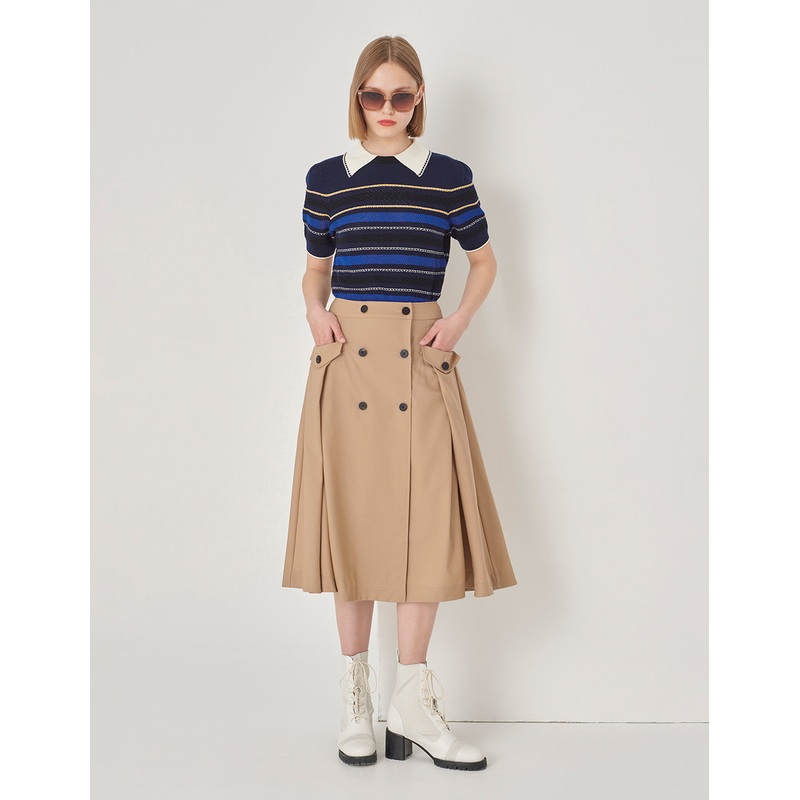 Blue Striped Collar Short Sleeve Knit Top