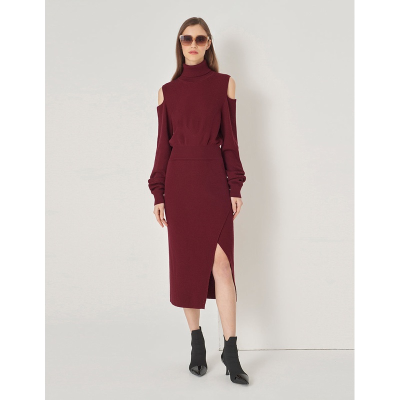 Burgundy Red Turtleneck Off-The-Shoulder Long-Sleeve Knitted Dress