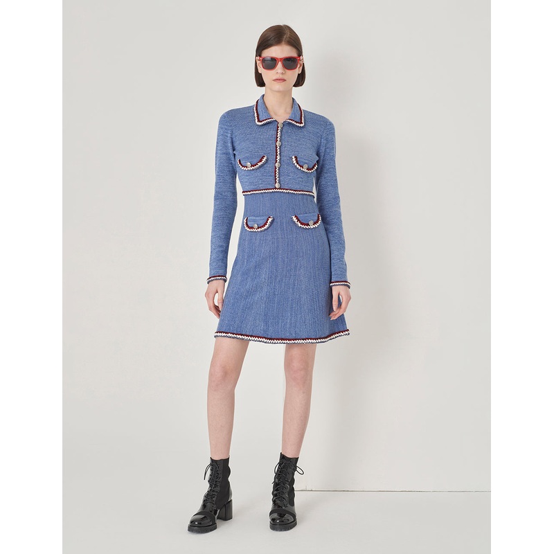 Colour Blocking Long Sleeve A Line Knitted Dress