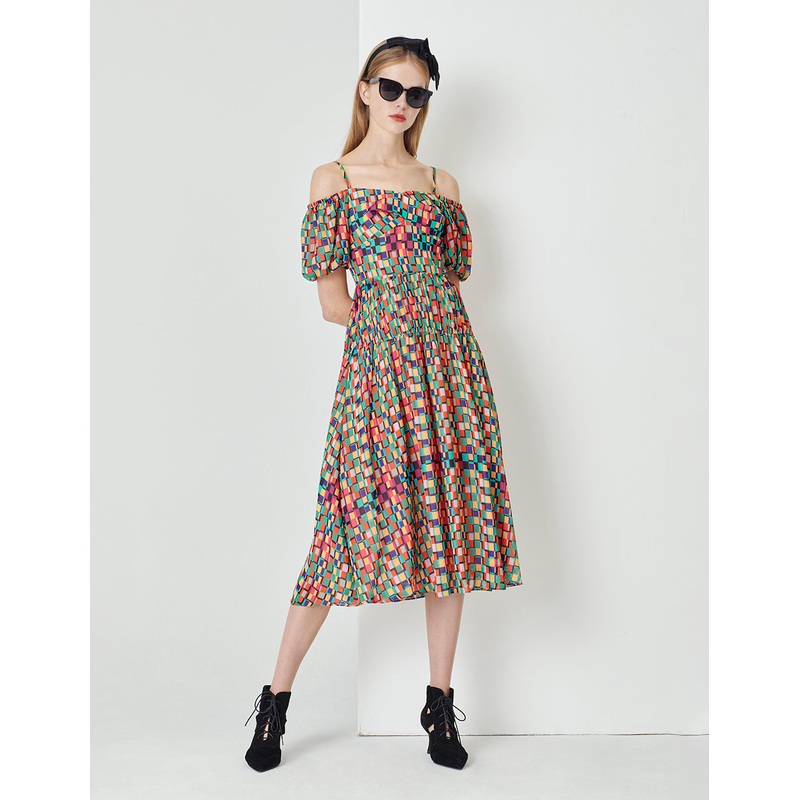 Colourful Checkered Bubble Sleeve Printed Dress