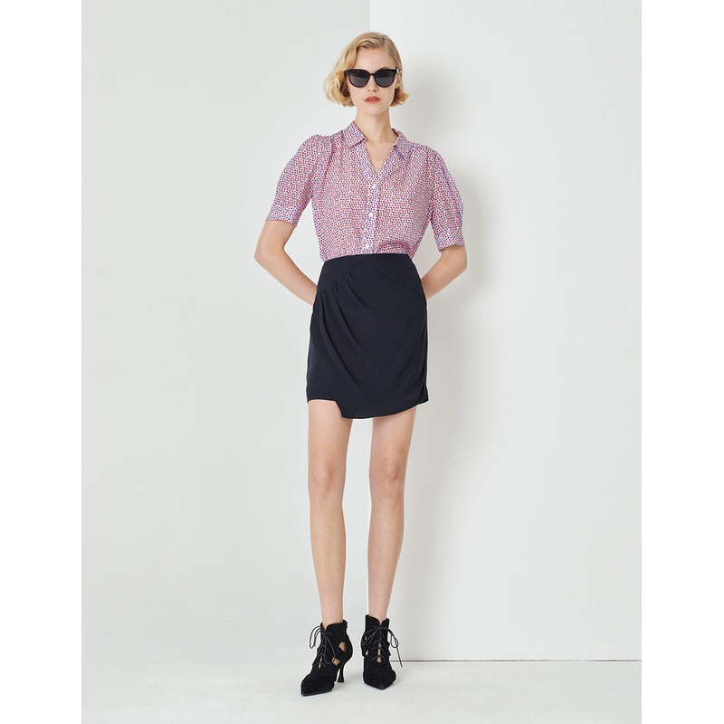 Colourful Floral Shirt Collar A Hem Silk Print Top