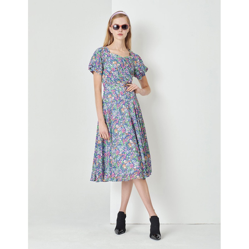 Colourful Underwater Garden Square V-Neck Pinched Print Dress