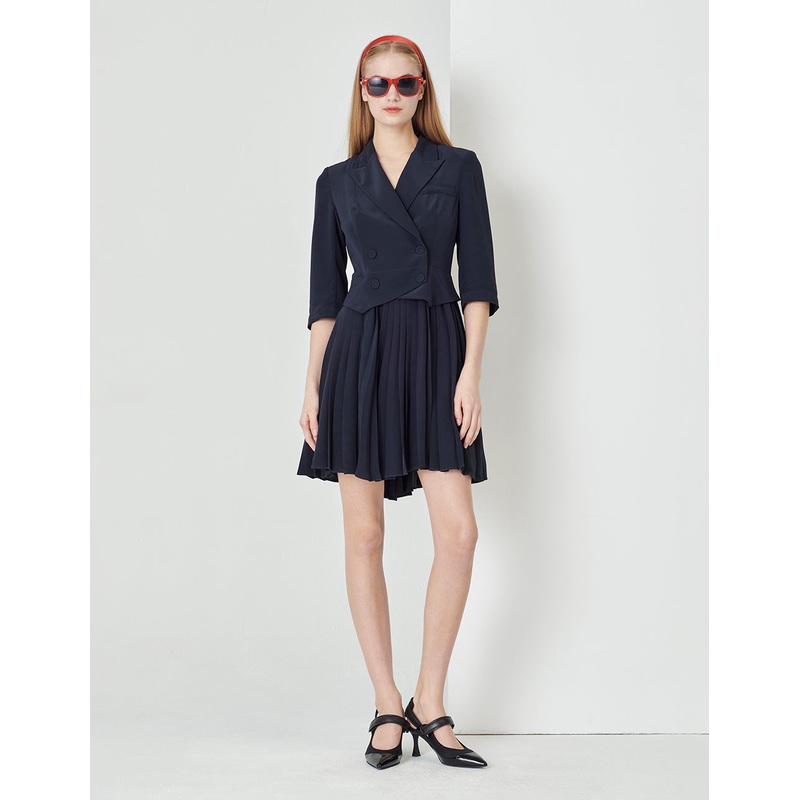 Dark Blue Faux Two-Piece Suit Pleated Dress