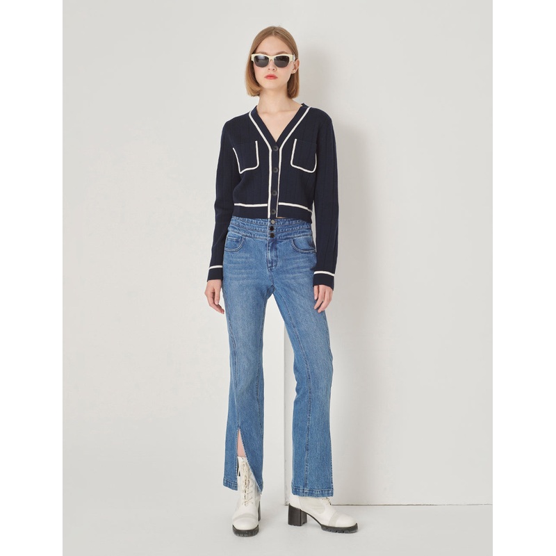 Dark Blue Knitted Cardigan With White Trim