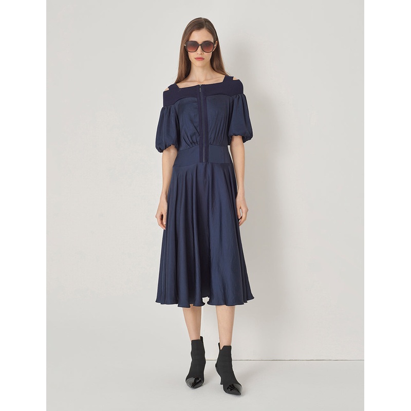 Dark Blue Metallic Zipper Off-Shoulder Puff Sleeve Dress
