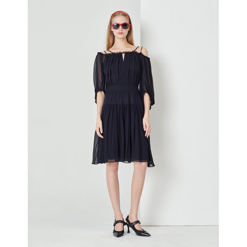 Dark Blue One Shoulder Puff Sleeve Georgette Dress
