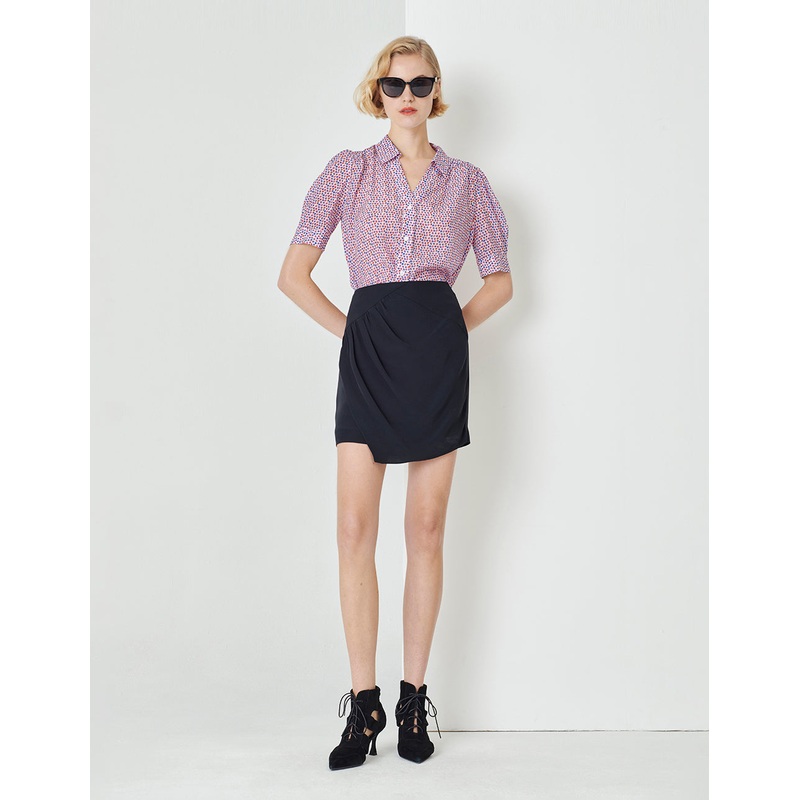 Dark Blue Pleated Asymmetric Skirt